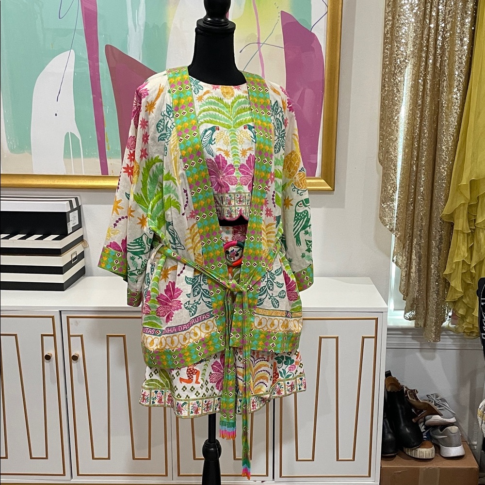 FARM Rio Multicolor Floral Kimono Jacket — White, Green, Pink, Yellow